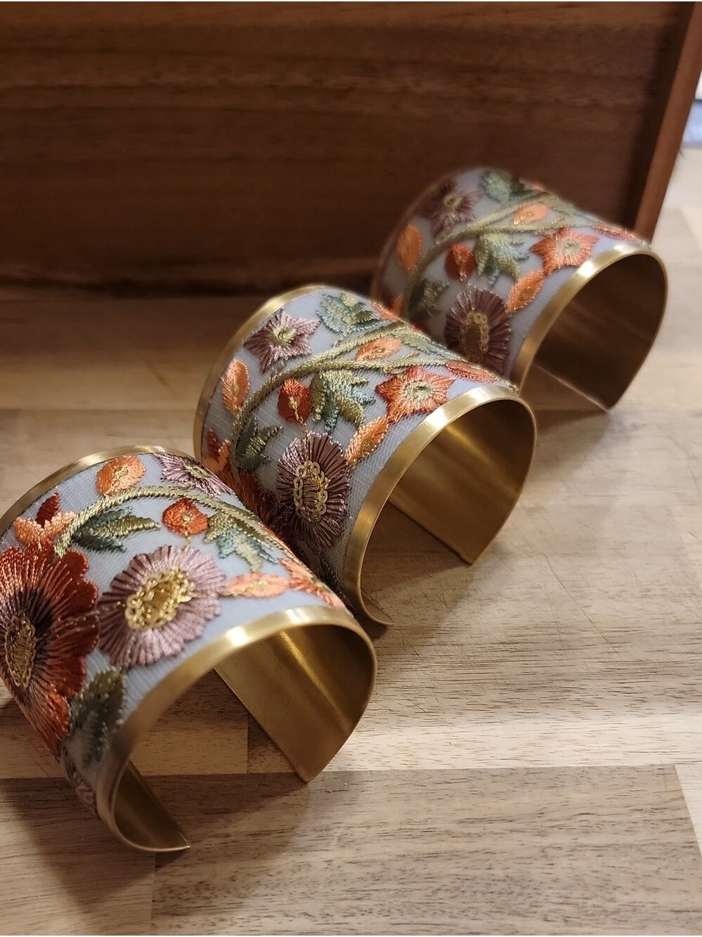 Rust Rose Pink Embroidered Brushed Gold tone Vintage Inspired Cuff Bracelet - Picture 9 of 11